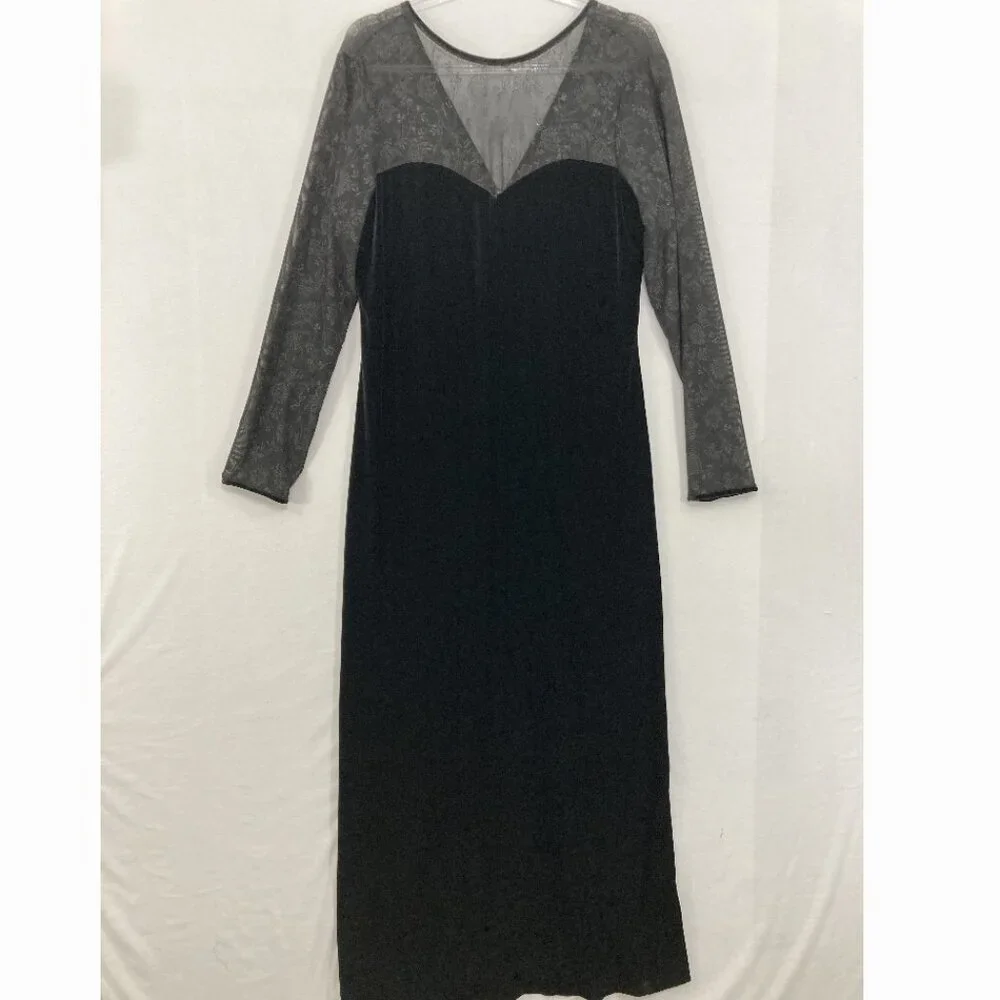 Vintage‎ Bobbie Bee size 14 Black Velvet Mesh V Neck Dark Romantic Maxi Dress